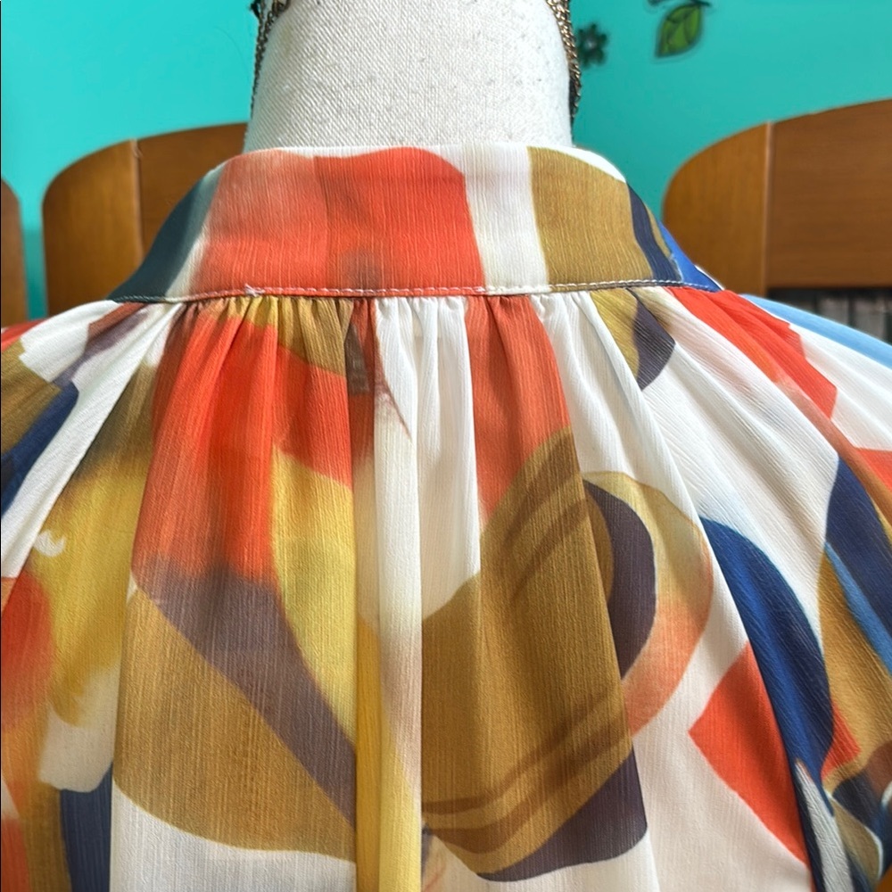 Sissyaki Orange and Blue Buttoned Blouse with Notched Collar - Picture 9 of 11